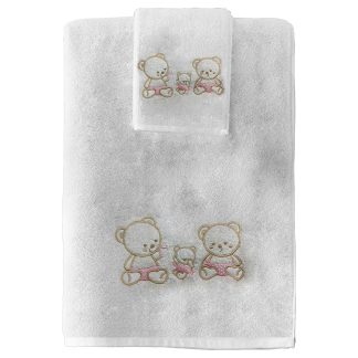 Πετσέτες σετ 2 τμχ Λευκές με κέντημα Junior Joli Bears Pink