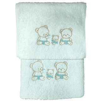 Πετσέτες σετ 2 τμχ λευκές με κέντημα Junior Joli bears blue