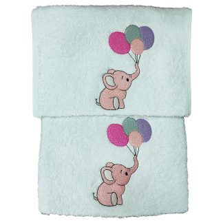 Πετσέτες σετ 2 τμχ λευκές με κέντημα Junior Joli elephant pink