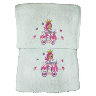 Πετσέτες σετ 2 τμχ λευκές με κέντημα Junior Joli princess car