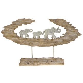Οικογένεια ελέφαντα σε κορμό δέντρου ασημί πολυρεζίν 44x7x26cm Iliadis 81948